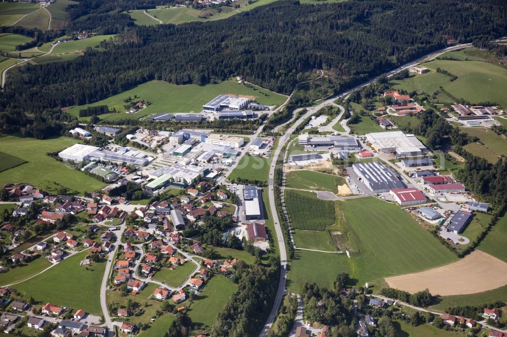 Hutthurm from above - Commercial area and company settlement on the right and left of Bundesstrasse 12 in Hutthurm in the state of Bavaria, Germany