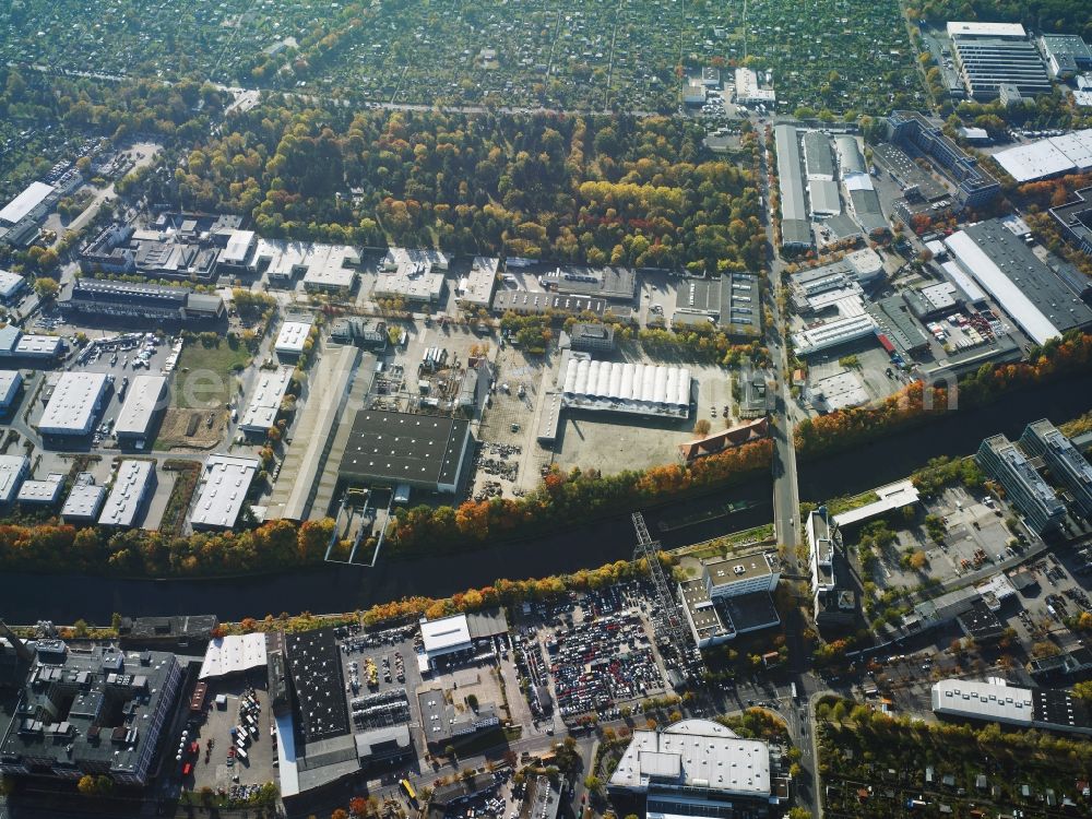 Berlin from above - Industrial estate and company settlement around Teltow channel in the Tempelhof part of Berlin in Germany. The area is located in the East of Tempelhof Harbour and North of Ullsteinstrasse. It consists of several company compounds and halls