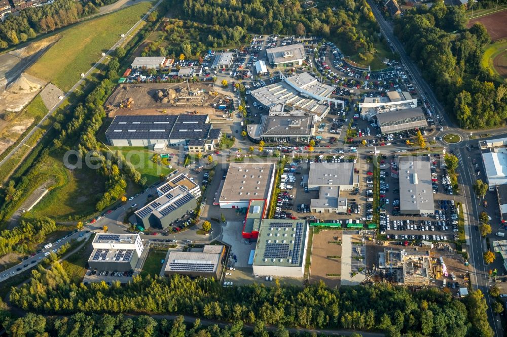 Bochum from the bird's eye view: Industrial estate and company settlement on Gahlenschen Strasse/Ecke Porschestrasse in Bochum in the state North Rhine-Westphalia, Germany