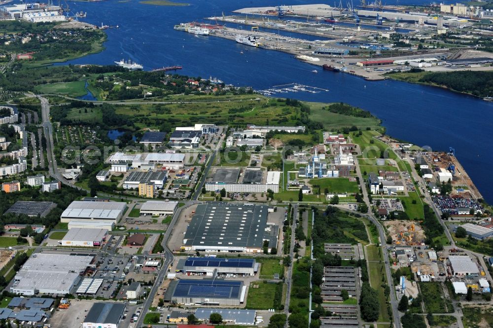 Rostock from above - View of industrial area across from the port Rostock in the state Mecklenburg-Western Pomerania