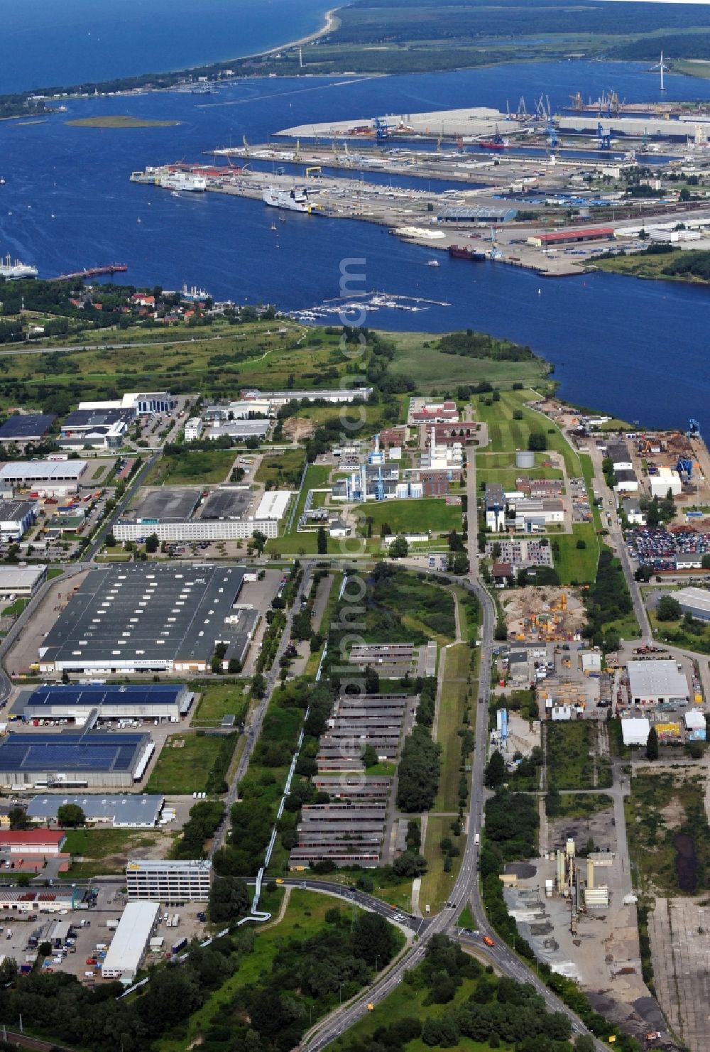 Rostock from the bird's eye view: View of industrial area across from the port Rostock in the state Mecklenburg-Western Pomerania