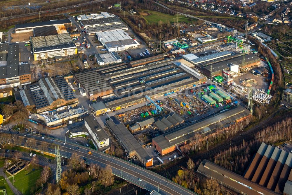 Gelsenkirchen from the bird's eye view: Commercial area and business establishment of the company Rhenus PET Recycling GmbH, the Ebrex Germany GmbH and other in Gelsenkirchen in North Rhine-Westphalia