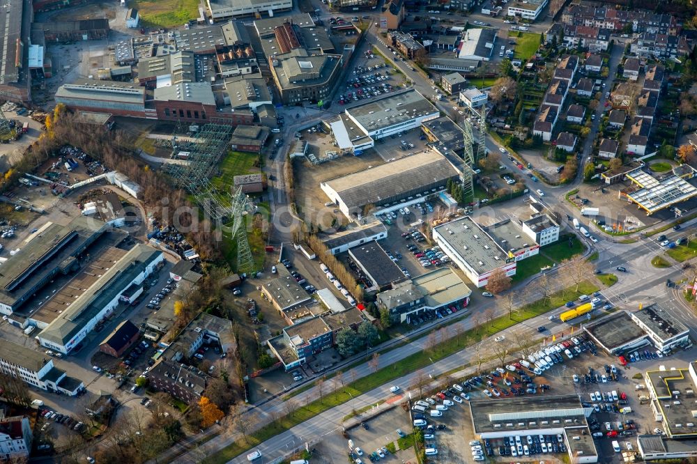 Aerial image Gelsenkirchen - Commercial area and business establishment on the A 42 in Gelsenkirchen in North Rhine-Westphalia. Housed here are the companies Seppelfricke Fittings GmbH, Seppelfricke Foundry Technology GmbH & Co. KG, Sixt car hire Gelsenkirchen, laminate DEPOT Gelsenkirchen, McFit gym Gelsenkirchen, Karl Kremer GmbH & Co. KG