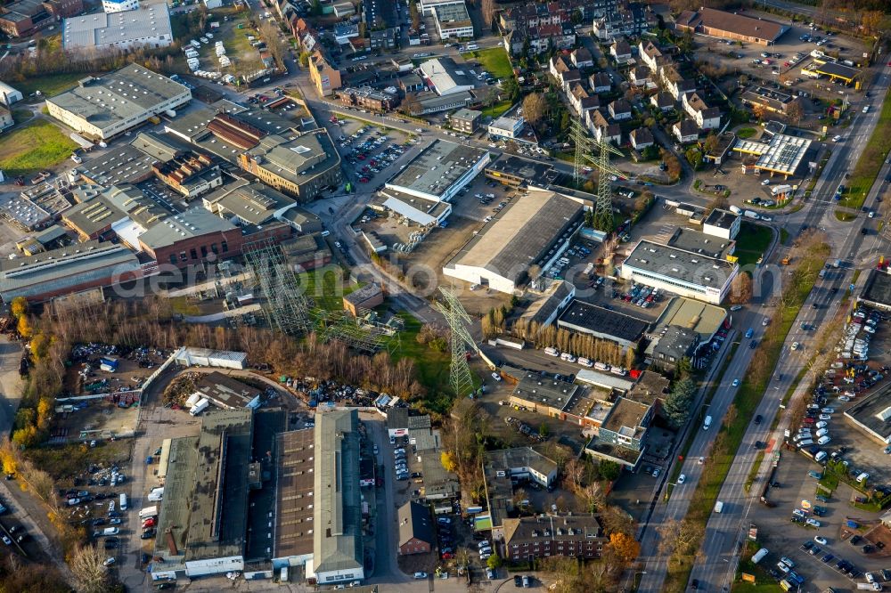 Gelsenkirchen from the bird's eye view: Commercial area and business establishment on the A 42 in Gelsenkirchen in North Rhine-Westphalia. Housed here are the companies Seppelfricke Fittings GmbH, Seppelfricke Foundry Technology GmbH & Co. KG, Sixt car hire Gelsenkirchen, laminate DEPOT Gelsenkirchen, McFit gym Gelsenkirchen, Karl Kremer GmbH & Co. KG