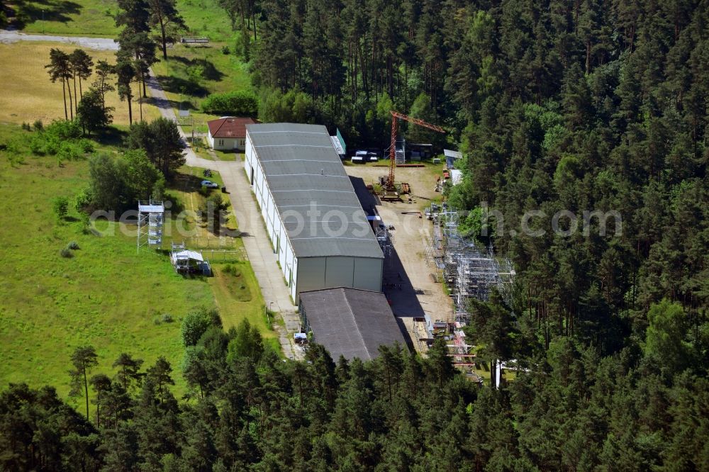 Aerial image Bernau Waldfrieden - Commercial area with scaffolding company on the Basdorfer road in Waldfrieden of Bernau district in Brandenburg