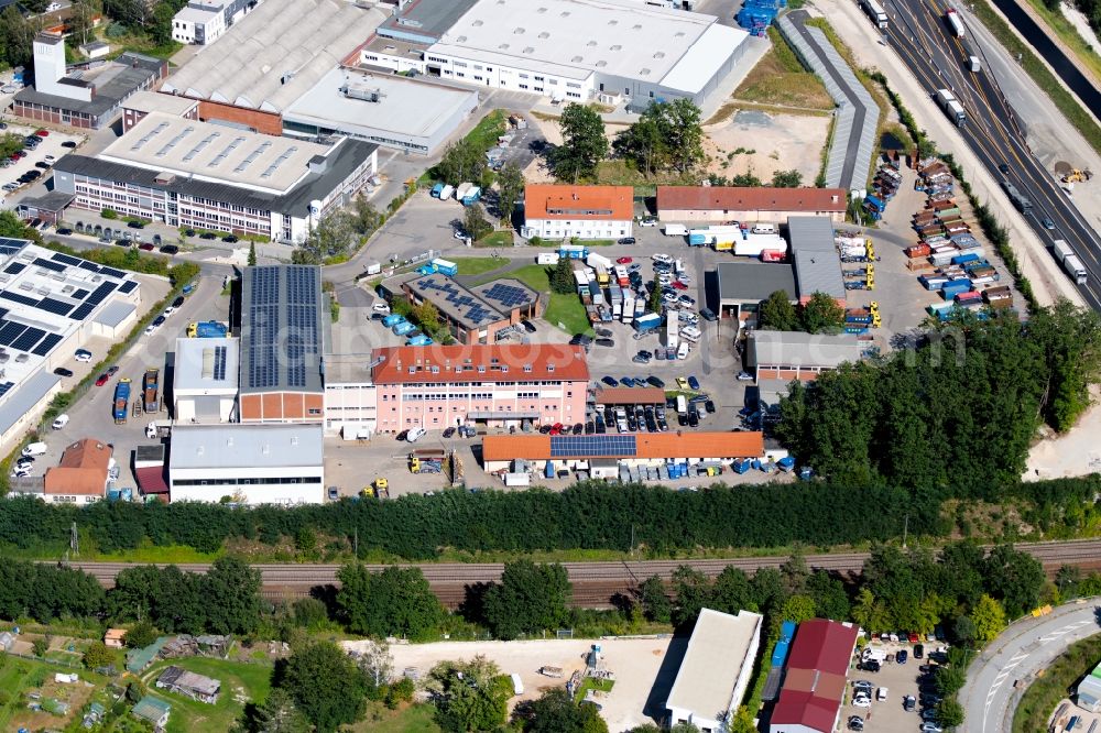 Schwabach from above - Industrial estate and company settlement Gewerbegebiet Alte Rother Strasse overlooking the haulage firm TransferCars in the Industriestrasse in Schwabach in the state Bavaria, Germany