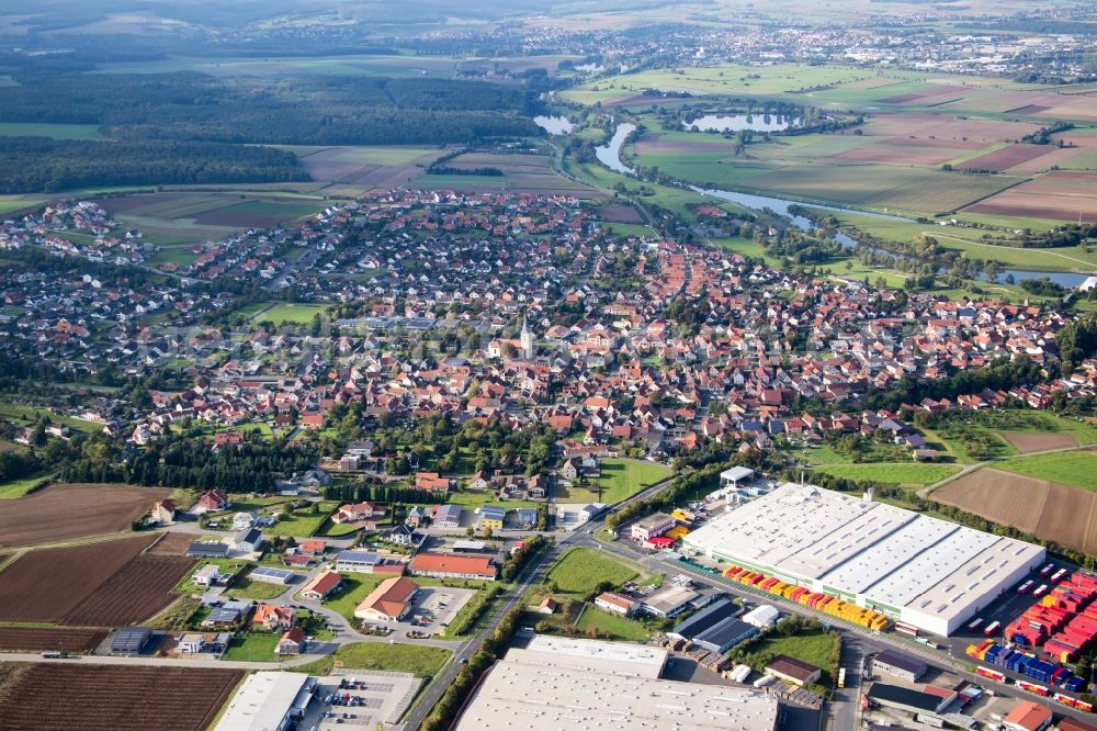 Aerial photograph Knetzgau - Industrial estate and company settlement Gewerbegebiet An of Siechkapelle in Knetzgau in the state Bavaria, Germany