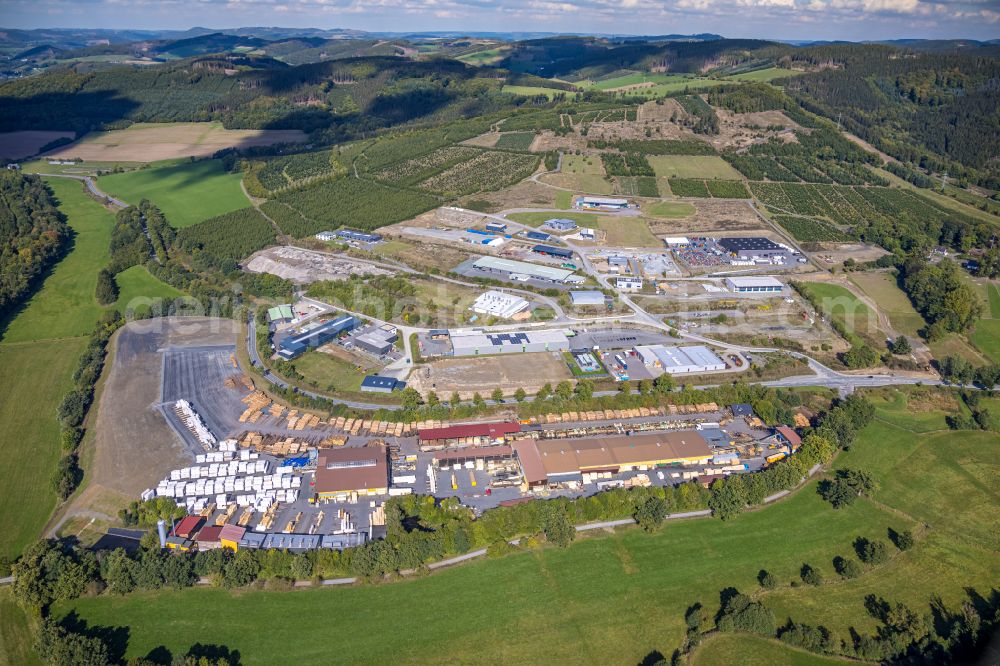 Altenhof from the bird's eye view: Industrial estate and company settlement Gewerbepark Hochsauerland overlooking the Dickel-Holz GmbH & Co KG in Altenhof at Sauerland in the state North Rhine-Westphalia, Germany