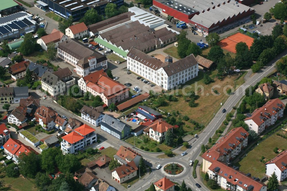 Aerial image Schopfheim - Industrial estate Grienmatt and listed historic building of the former shoe factory Gebrueder Krafft in Schopfheim in the state Baden-Wurttemberg, Germany