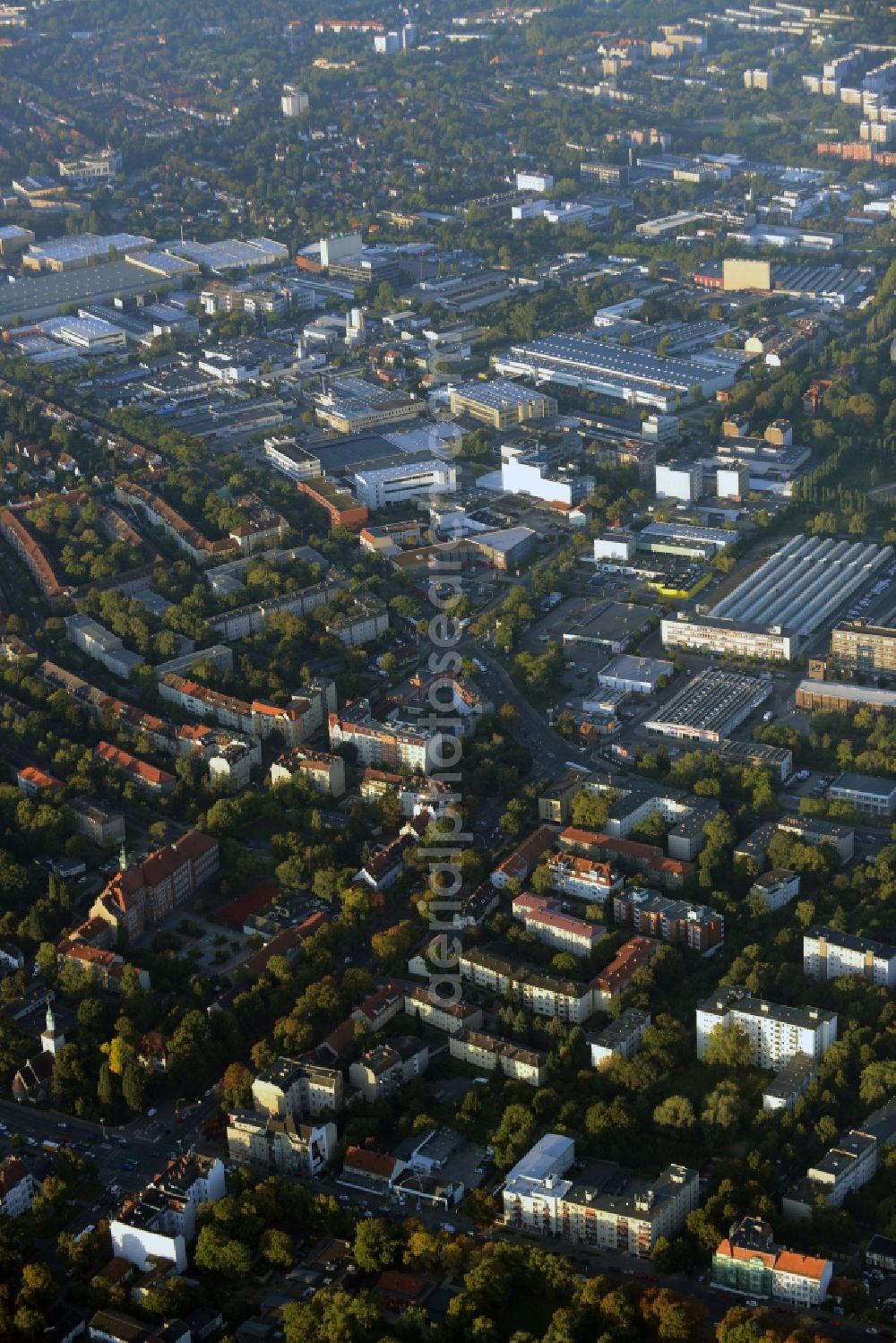 Aerial image Berlin - Industrial and commercial area around Grossbeerenstrasse and residential area Alt-Mariendorf in Berlin in Germany