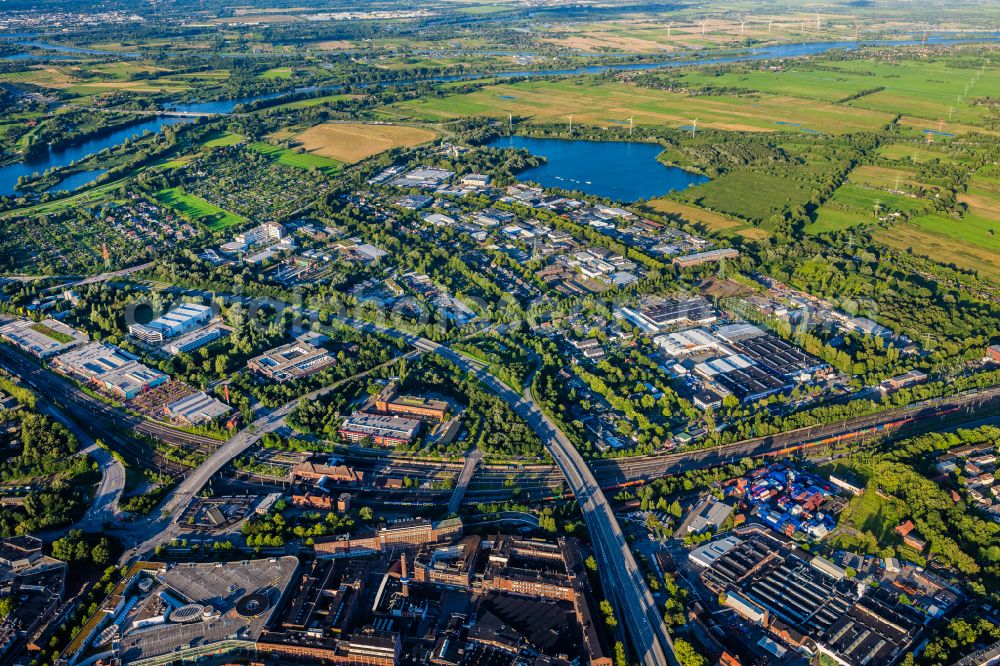 Hamburg from above - Industrial estate and company settlement Grossmoorbogengraben in Harburg in Hamburg