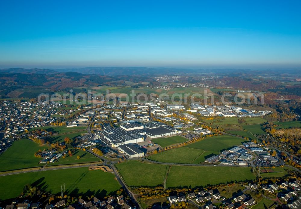 Attendorn from above - Industrial estate and company settlement on Gutenbergstrasse in Attendorn in the state of North Rhine-Westphalia. The area includes the headquarters and works Ennest Logistics of Viega company group