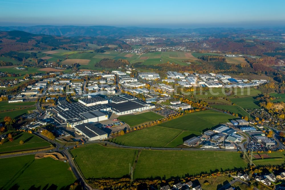 Attendorn from the bird's eye view: Industrial estate and company settlement on Gutenbergstrasse in Attendorn in the state of North Rhine-Westphalia. The area includes the headquarters and works Ennest Logistics of Viega company group