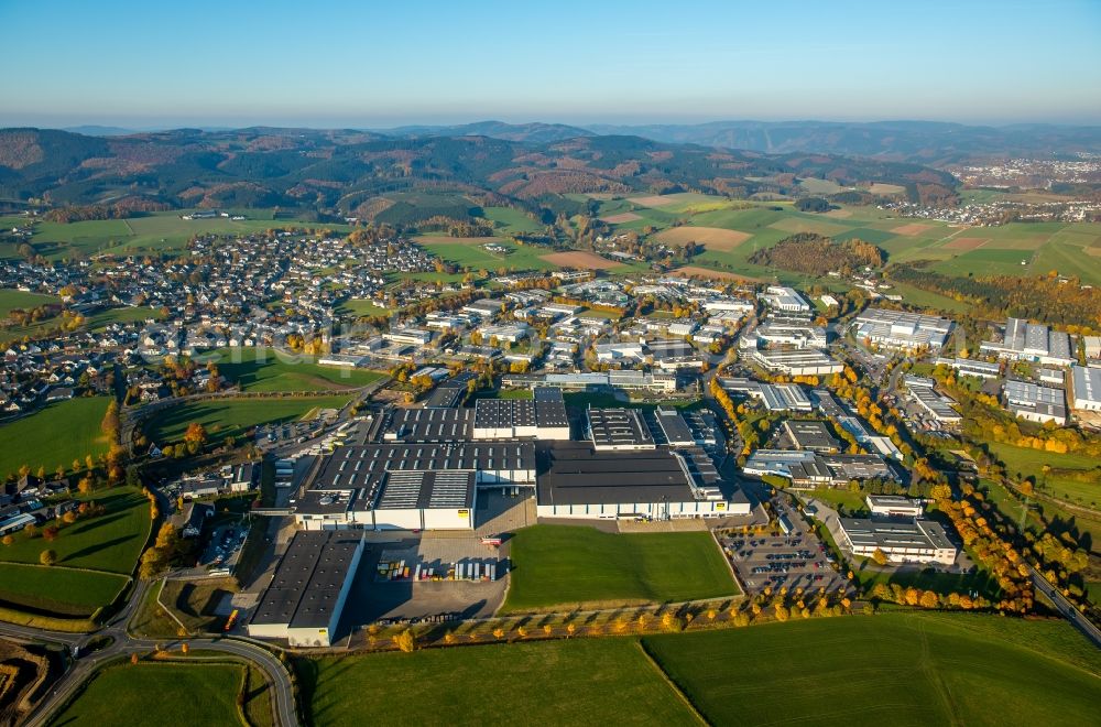 Aerial image Attendorn - Industrial estate and company settlement on Gutenbergstrasse in Attendorn in the state of North Rhine-Westphalia. The area includes the headquarters and works Ennest Logistics of Viega company group