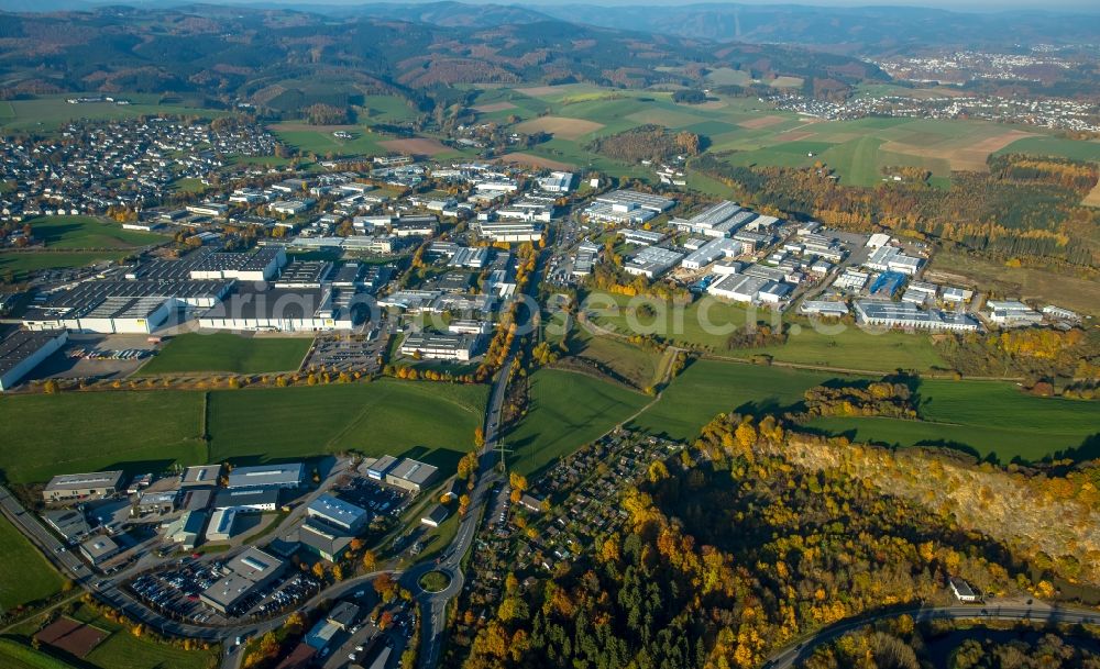 Aerial photograph Attendorn - Industrial estate and company settlement on Gutenbergstrasse in Attendorn in the state of North Rhine-Westphalia. The area includes the headquarters and works Ennest Logistics of Viega company group