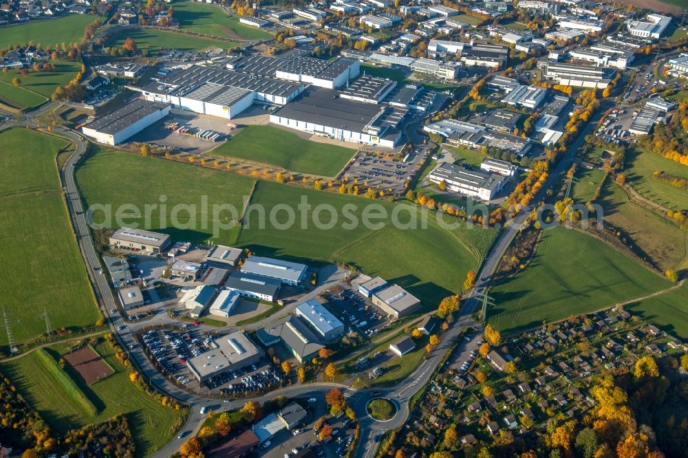 Attendorn from above - Industrial estate and company settlement on Gutenbergstrasse in Attendorn in the state of North Rhine-Westphalia. The area includes the headquarters and works Ennest Logistics of Viega company group