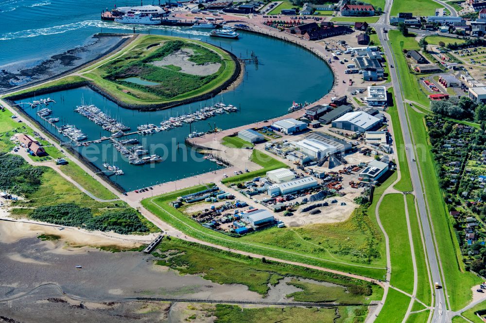 Norderney from above - Industrial estate and company settlement at the harbor in Norderney in the state Lower Saxony, Germany