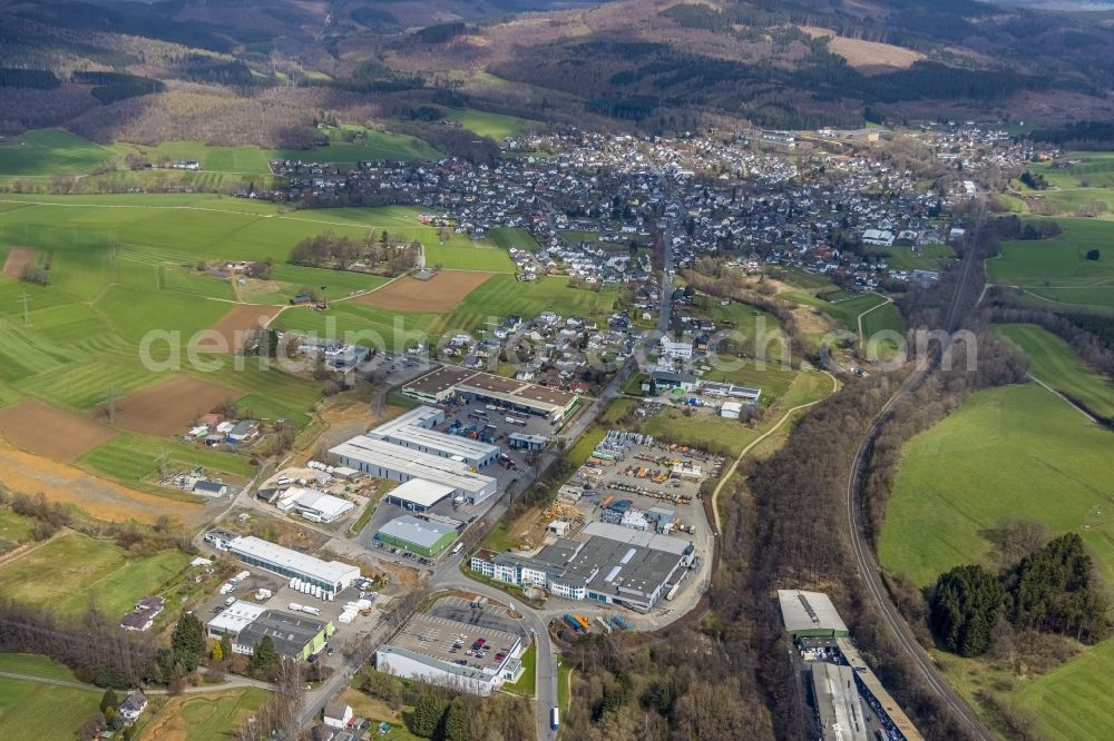 Kreuztal from above - Industrial estate and company settlement on Hagener Strasse in the district Krombach in Kreuztal on Siegerland in the state North Rhine-Westphalia, Germany