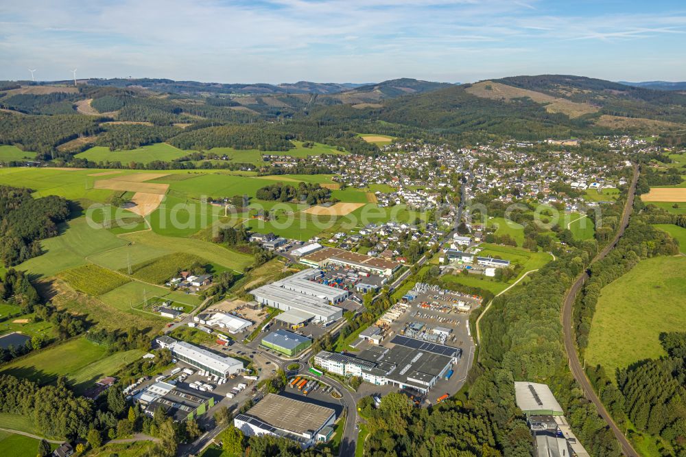 Aerial photograph Kreuztal - Industrial estate and company settlement on Hagener Strasse in the district Krombach in Kreuztal on Siegerland in the state North Rhine-Westphalia, Germany