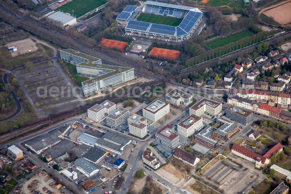 Mannheim from the bird's eye view: Industrial estate and company settlement Harlachweg vor dem Carl-Benz-Stadion in the district Oststadt in Mannheim in the state Baden-Wuerttemberg, Germany