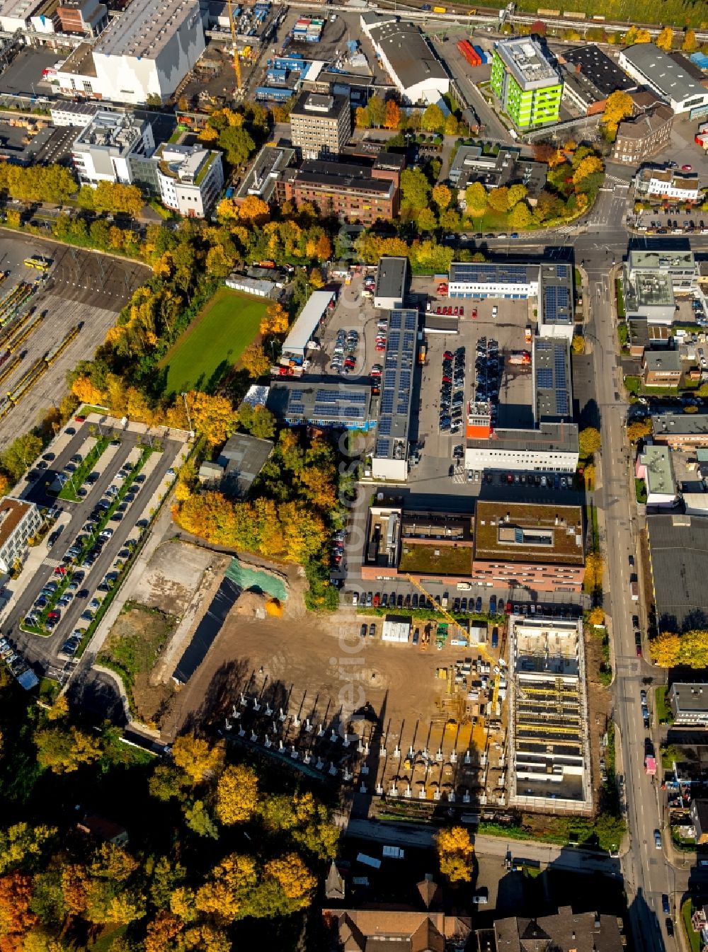 Aerial image Essen - Industrial estate and main fire station in Essen in the state of North Rhine-Westphalia