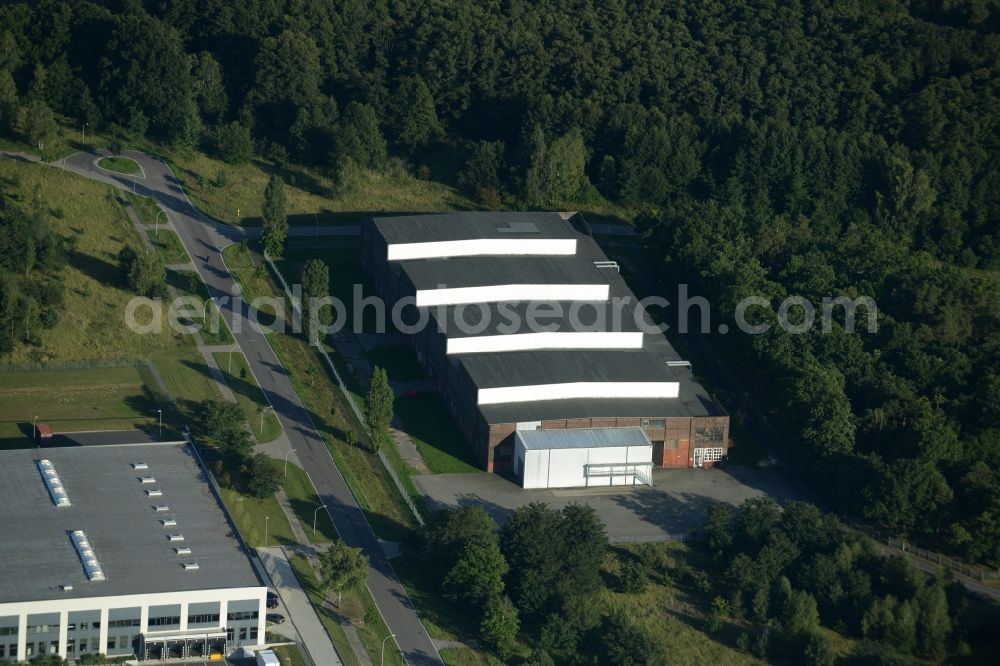 Aerial image Rathenow - Industrial building in the company settlement Heidefeld in the South of Rathenow in the state of Brandenburg. The building is located on the edge of a forest