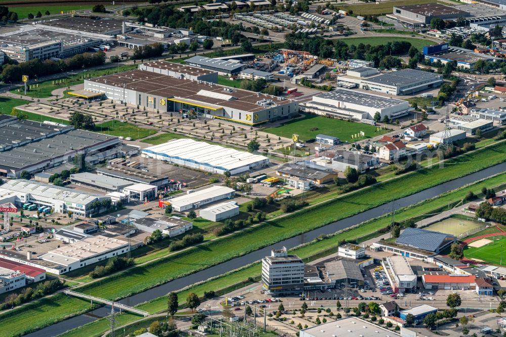 Offenburg from above - Industrial estate and company settlement Heinrich Hertz Strasse and Kinzig Damm in Offenburg in the state Baden-Wurttemberg, Germany