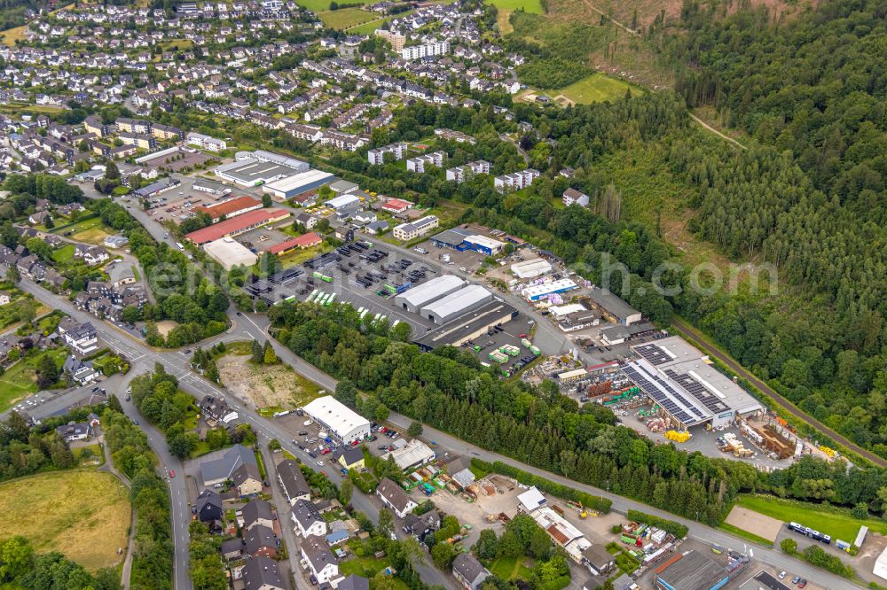 Bad Berleburg from the bird's eye view: Industrial estate and company settlement Am Hilgenacker in Bad Berleburg at Siegerland in the state North Rhine-Westphalia, Germany