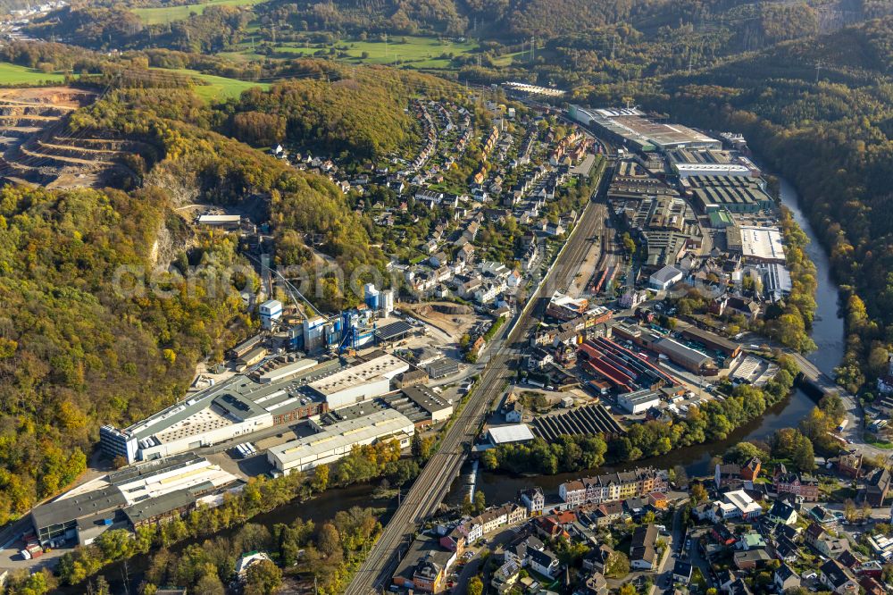 Aerial image Hohenlimburg - Industrial estate and company settlement in Hohenlimburg at Ruhrgebiet in the state North Rhine-Westphalia, Germany