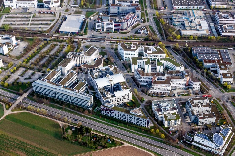 Stuttgart from above - Industrial estate and company settlement with Holiday Inn Stuttgart and VPV Versicherungen in Stuttgart in the state Baden-Wurttemberg, Germany