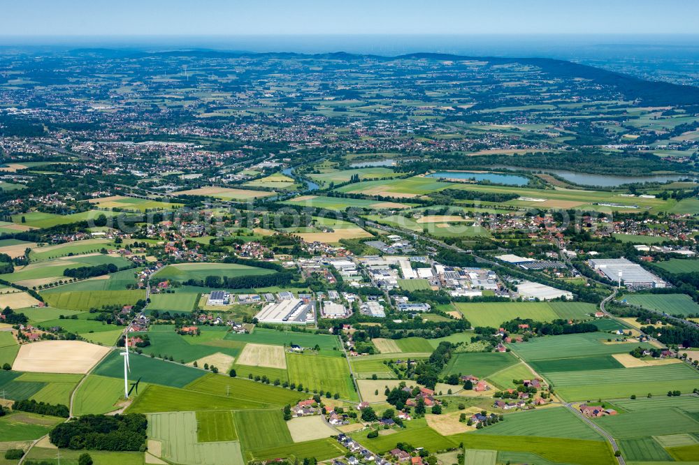 Aerial image Porta Westfalica - Industrial estate and company settlement Holtrup on street Osterkamp in Porta Westfalica in the state North Rhine-Westphalia, Germany