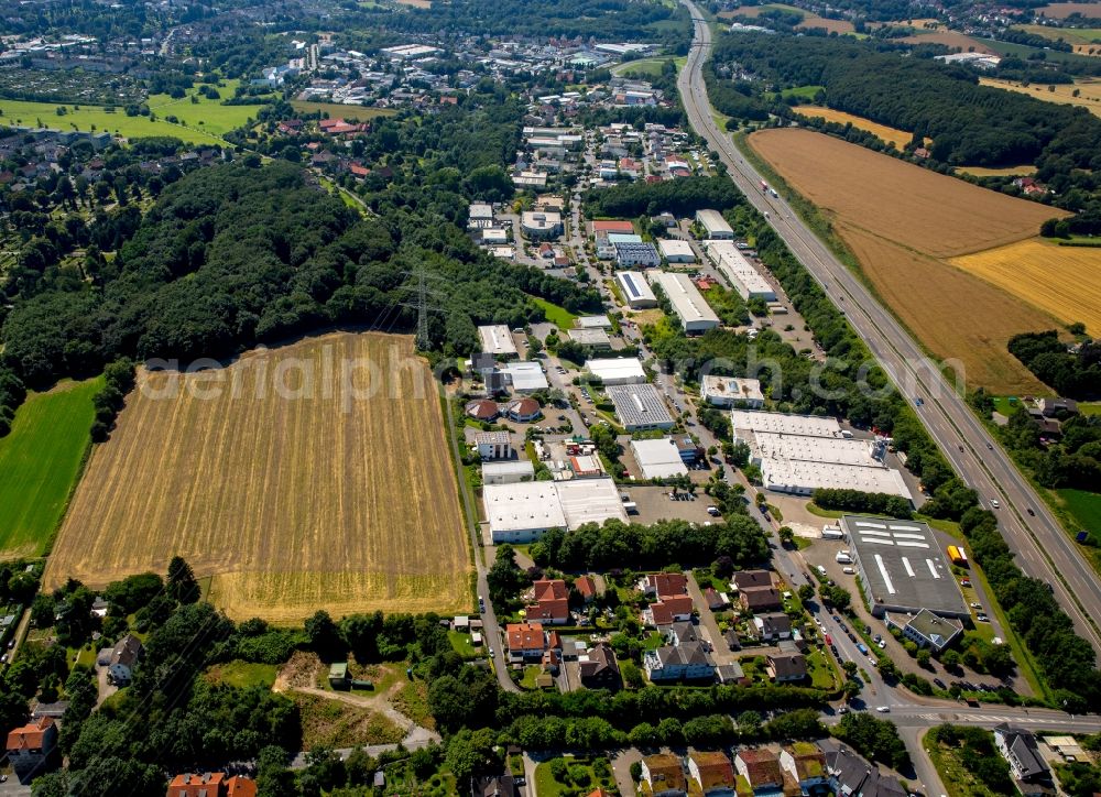 Aerial photograph Witten - Industrial estate and company settlement on Wullener Feld along federal motorway A44 in the Wullen part of Witten in the state of North Rhine-Westphalia