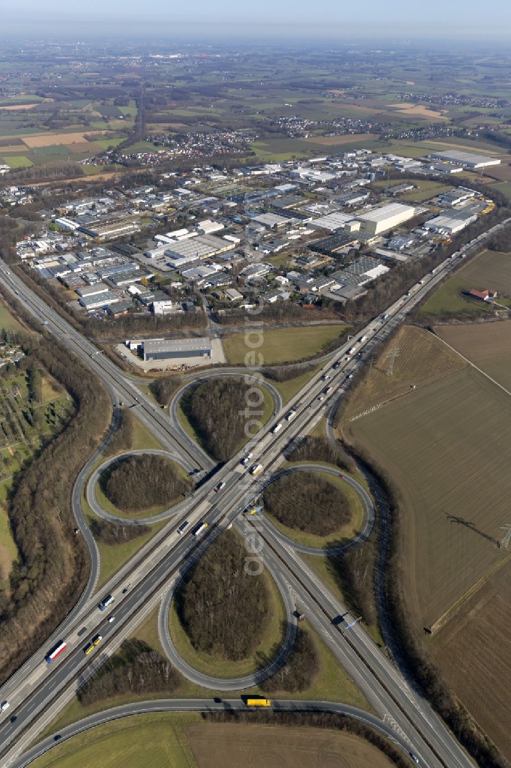 Unna from above - Commercial area of the industrial park at the Unna Unna-Ost motorway exit the motorway A44 in North Rhine-Westphalia