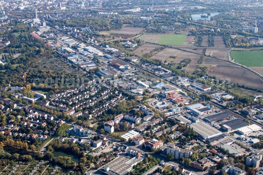 Ludwigshafen am Rhein from the bird's eye view: Industrial estate and company settlement Industriestrasse in the district Friesenheim in Ludwigshafen am Rhein in the state Rhineland-Palatinate, Germany