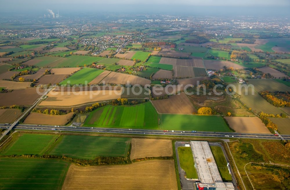 Hamm from above - Industrial area Inlog-Park along the federal motorway and surrounding area of the A2 in the West of the Rhynern part of Hamm in the state of North Rhine-Westphalia