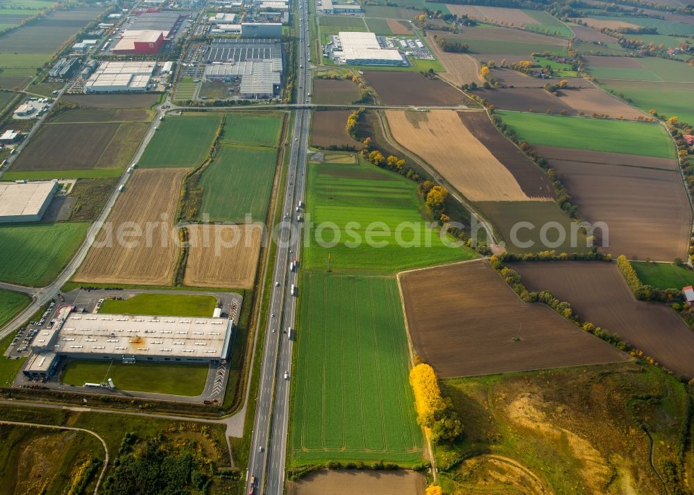 Aerial photograph Hamm - Industrial area Inlog-Park along the federal motorway and surrounding area of the A2 in the West of the Rhynern part of Hamm in the state of North Rhine-Westphalia