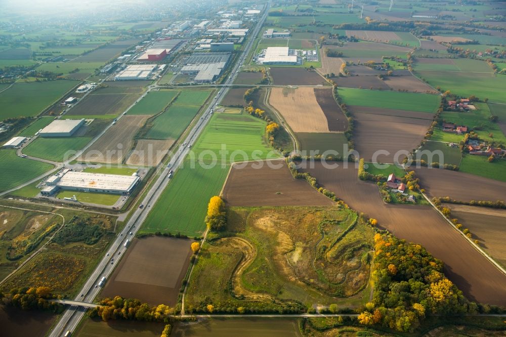 Hamm from above - Industrial area Inlog-Park along the federal motorway and surrounding area of the A2 in the West of the Rhynern part of Hamm in the state of North Rhine-Westphalia