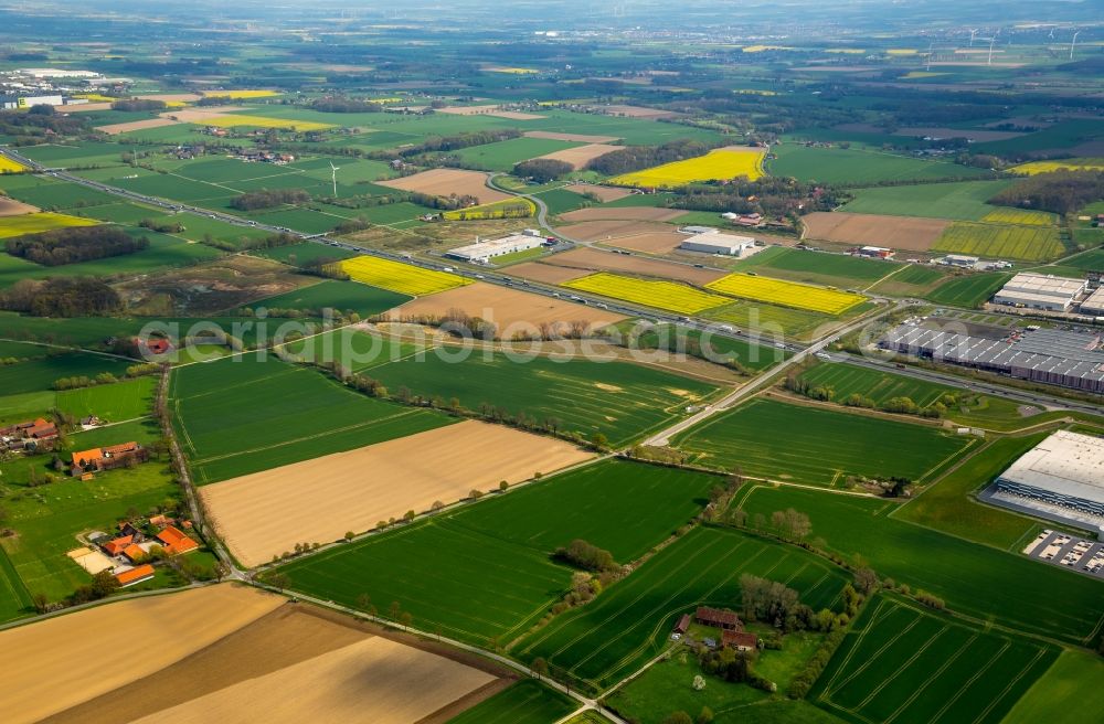 Westerbönen from above - Industrial area Inlog-Park along the federal motorway and surrounding area of the A2 in the West of the Rhynern part of Hamm in the state of North Rhine-Westphalia