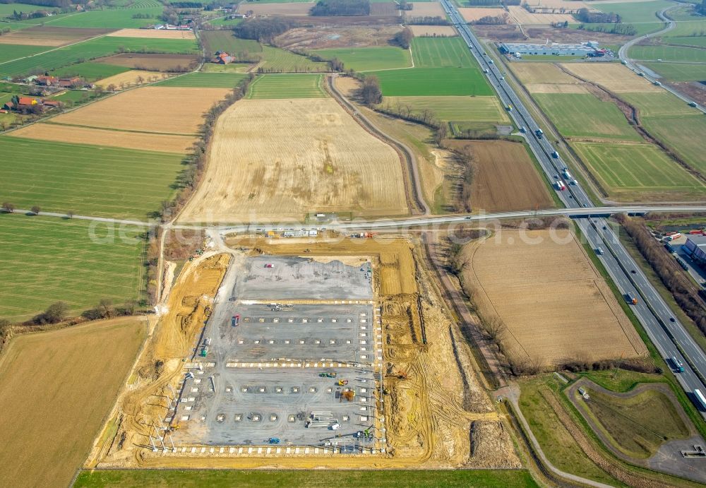 Bönen from above - Industrial area Inlog-Park along the federal motorway and surrounding area of the A2 in the West of the Rhynern part of Hamm in the state of North Rhine-Westphalia