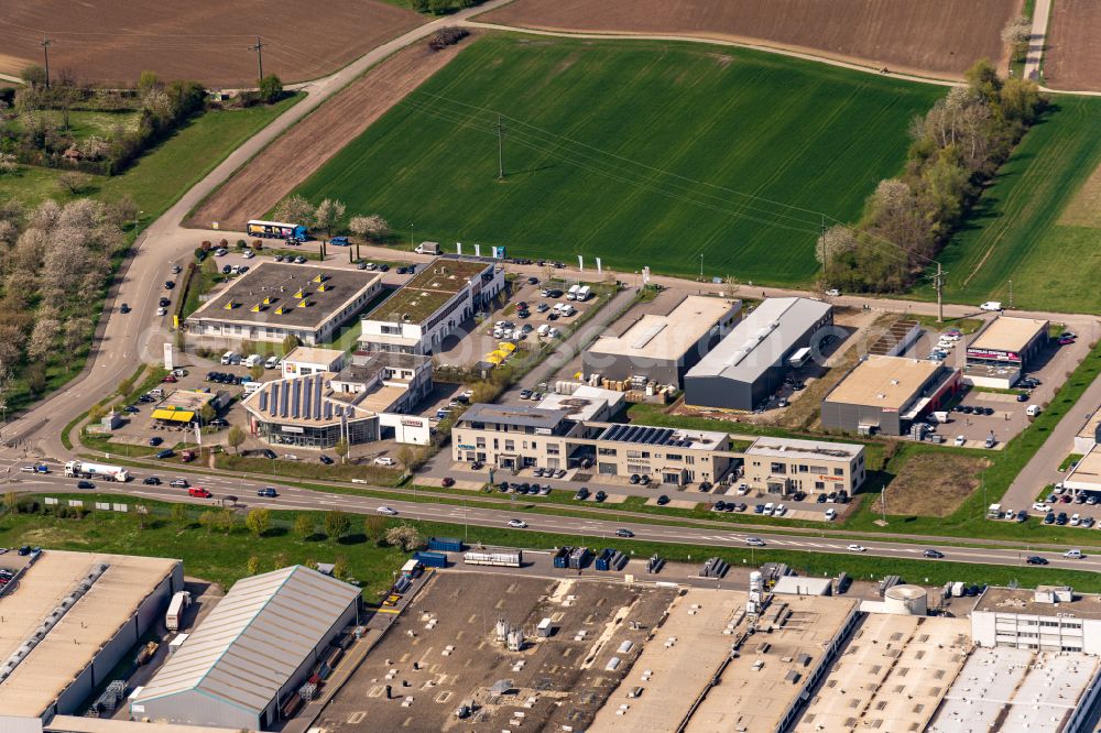 Offenburg from above - Industrial estate and company settlement on Isaak - Blum Strasse in Offenburg in the state Baden-Wuerttemberg, Germany