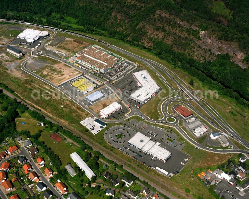 Nahbollenbach from above - Industrial estate and company settlement on John-F.-Kennedy-Strasse in Nahbollenbach in the state Rhineland-Palatinate, Germany