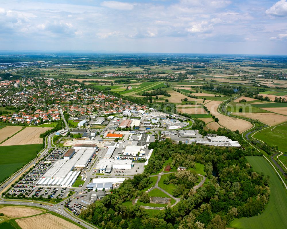 Kehl from above - Industrial estate and company settlement on street Daimlerstrasse in the district Sundheim in Kehl in the state Baden-Wuerttemberg, Germany