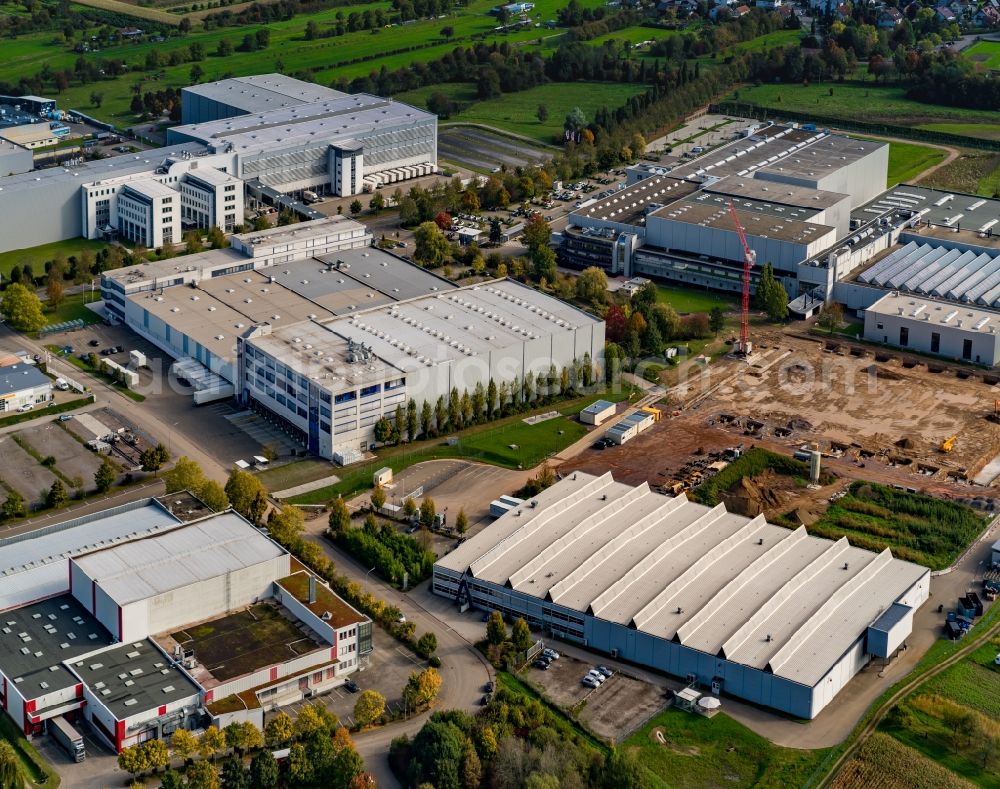 Aerial image Offenburg - Industrial estate and company settlement Kreuzbergstrasse in the district Elgersweier in Offenburg in the state Baden-Wuerttemberg, Germany