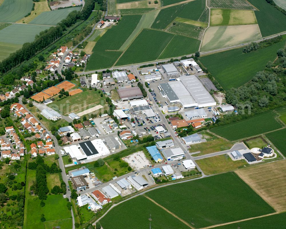 Linkenheim-Hochstetten from above - Industrial estate and company settlement on street Gewerbering in Linkenheim-Hochstetten in the state Baden-Wuerttemberg, Germany