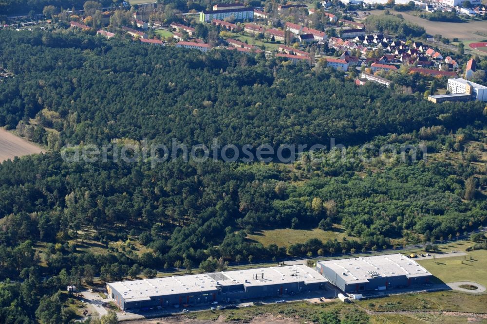 Aerial image Fürstenwalde/Spree - Industrial estate and company settlement Lise-Meitner-Strasse in Fuerstenwalde/Spree in the state Brandenburg, Germany