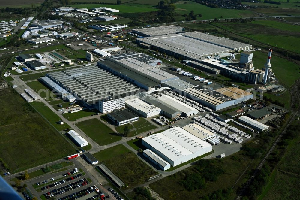 Haldensleben from the bird's eye view: Industrial estate and company settlement and logistic center on Industriestrasse - Dammuehlenweg in Haldensleben in the state Saxony-Anhalt, Germany