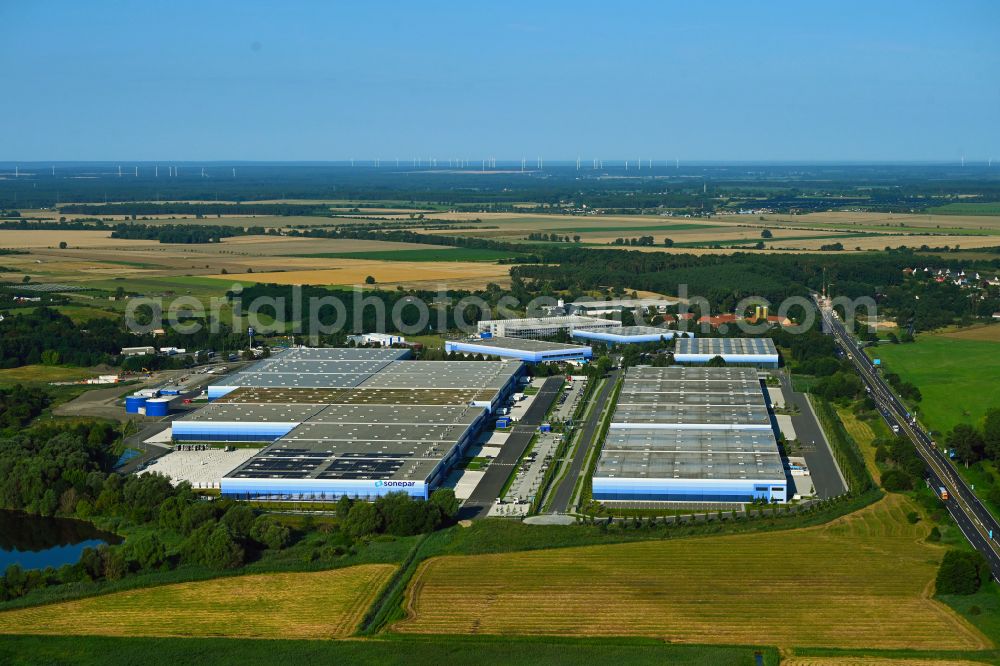 Plötzin from the bird's eye view: Business park in the industrial area Magna Park on street Am Magna Park in Ploetzin in the state Brandenburg, Germany