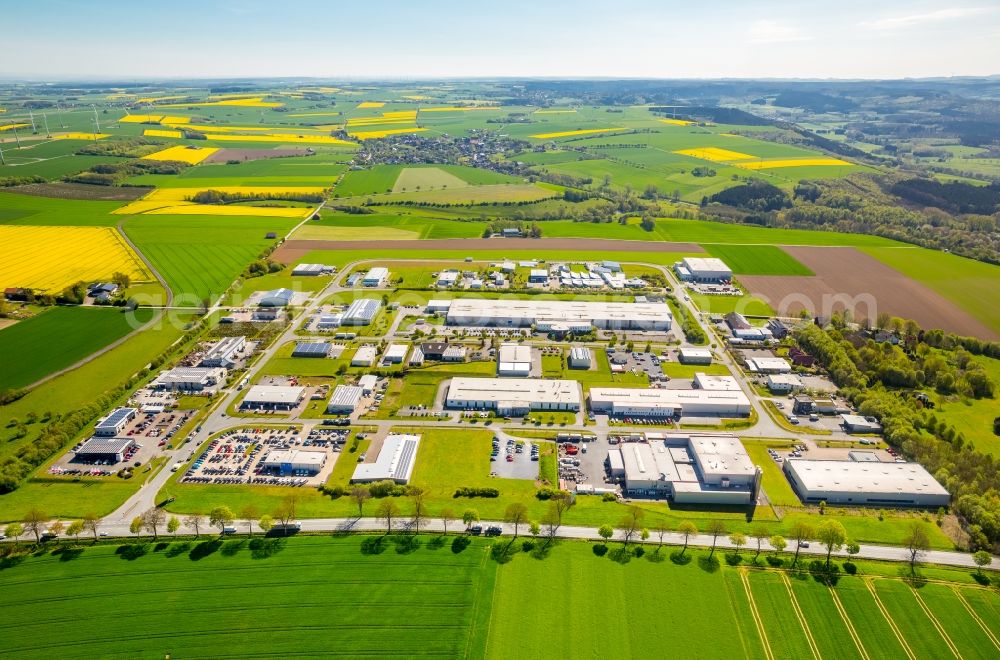 Warstein from above - Industrial estate and company settlement Max-Eyth-Strasse - Friedrich-Harkort-Strasse - Walter-Rathenau-Ring in the district Belecke in Warstein in the state North Rhine-Westphalia, Germany