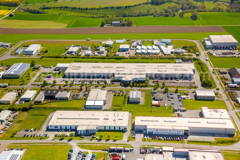 Warstein from the bird's eye view: Industrial estate and company settlement Max-Eyth-Strasse - Friedrich-Harkort-Strasse - Walter-Rathenau-Ring in the district Belecke in Warstein in the state North Rhine-Westphalia, Germany