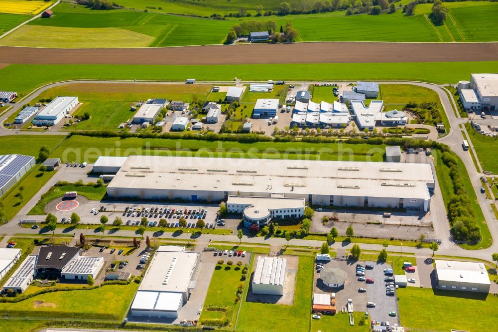 Aerial image Warstein - Industrial estate and company settlement Max-Eyth-Strasse - Friedrich-Harkort-Strasse - Walter-Rathenau-Ring in the district Belecke in Warstein in the state North Rhine-Westphalia, Germany